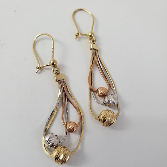 14K Gold Tricolor Bead Cascading Earrings - Picture 8 of 8